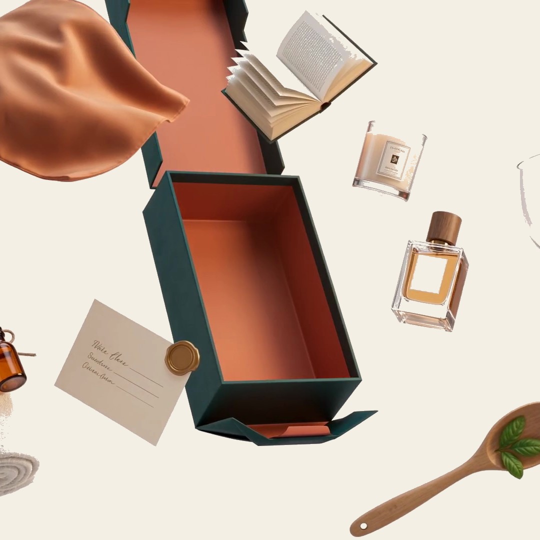 An open GiftMenu gift box with a candle, perfume, a book and handmade goods spilling out
